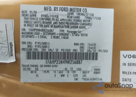 2009 Ford Focus Se из США, поврежденный, VIN 1FAHP35N49W256887